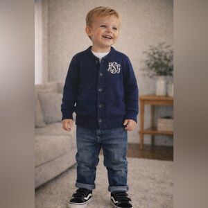 Vintage May Knit Kids‎ Navy Blue Monogram Cardigan Sweater 100% Orlon Acrylic